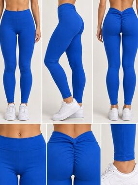 Royal blue high waist “scrunch butt” leggings with knotted detail and V waist
